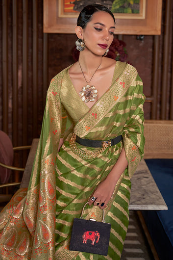 Imaginative Mehndi Organza Silk Saree With Staggering Blouse Piece