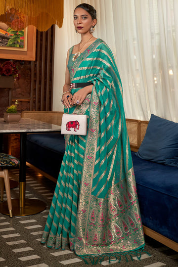 Imaginative Turquoise Organza Silk Saree With Staggering Blouse Piece