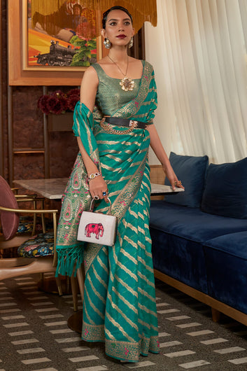 Imaginative Turquoise Organza Silk Saree With Staggering Blouse Piece