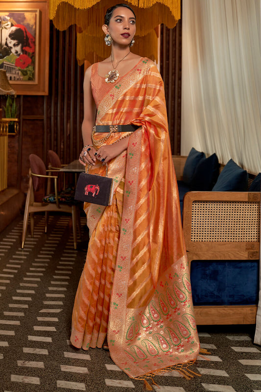 Imaginative Orange Organza Silk Saree With Staggering Blouse Piece