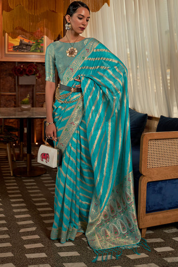 Imaginative Firozi Organza Silk Saree With Staggering Blouse Piece