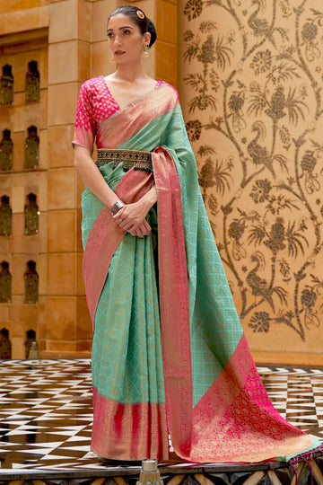 Unique Sea Green Kanjivaram Silk Saree With Outstanding Blouse Piece