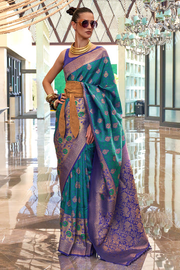 Girlish Rama Soft Banarasi Silk Saree With Arresting Blouse Piece