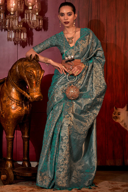 Stunning Rama Soft Banarasi Silk Saree With Energetic Blouse Piece