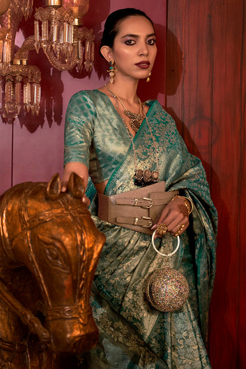Stunning Rama Soft Banarasi Silk Saree With Energetic Blouse Piece