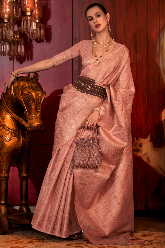 Staring Peach Soft Banarasi Silk Saree With Mesmerising Blouse Piece
