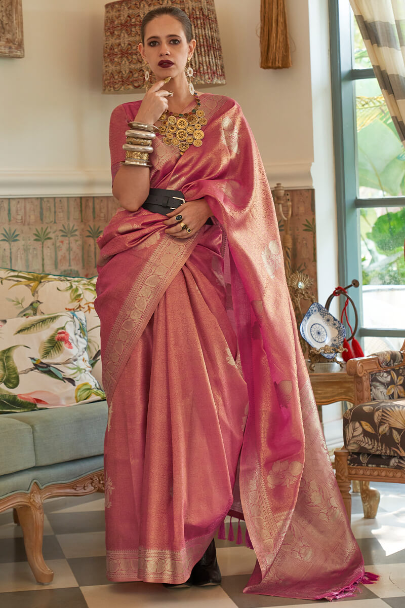 Moiety Baby Pink Soft Banarasi Silk Saree With Scintilla Blouse Piece