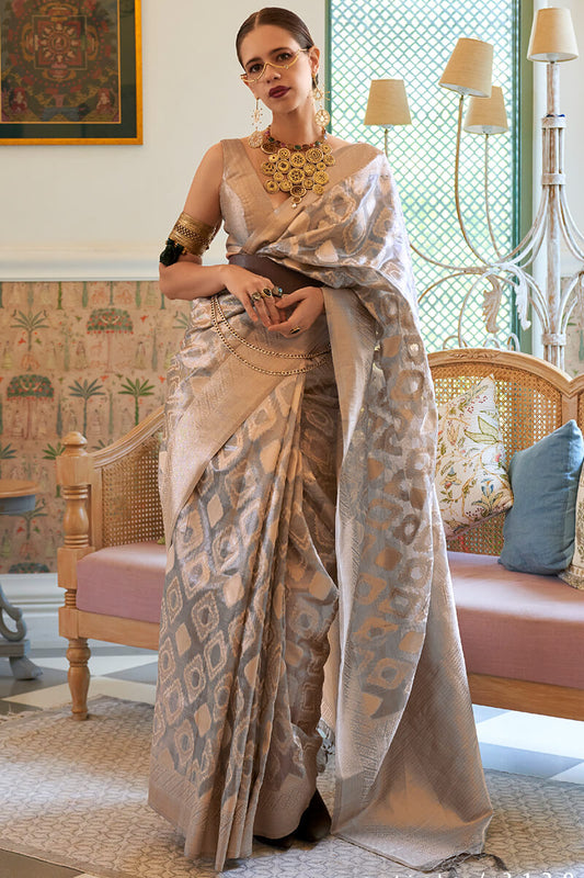 Lassitude Silver Soft Banarasi Silk Saree With Susurrous Blouse Piece