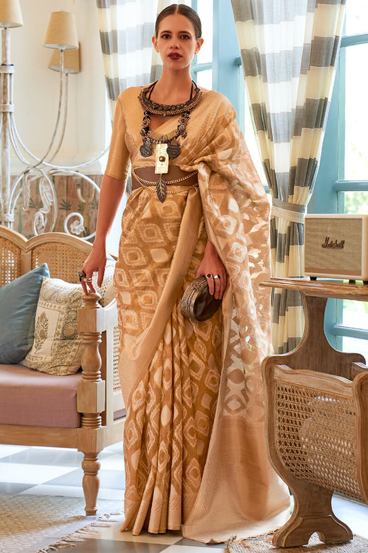 Gratifying Beige Soft Banarasi Silk Saree With Magnificat Blouse Piece