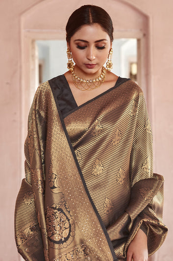 Delectable Black Kanjivaram Silk Saree With Seraglio Blouse Piece