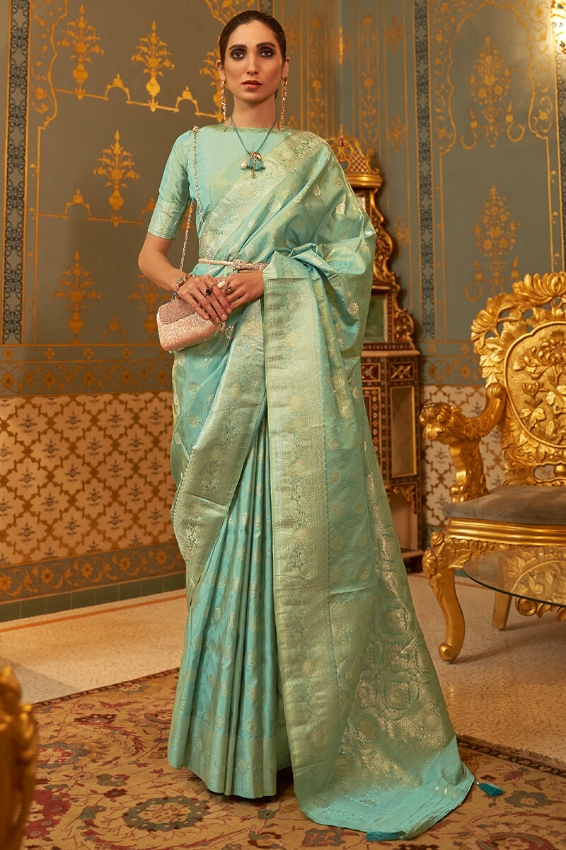 Classy Sea Green Soft Banarasi Silk Saree With Alluring Blouse Piece