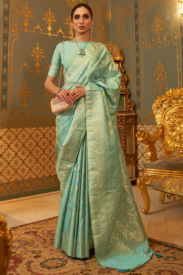 Classy Sea Green Soft Banarasi Silk Saree With Alluring Blouse Piece