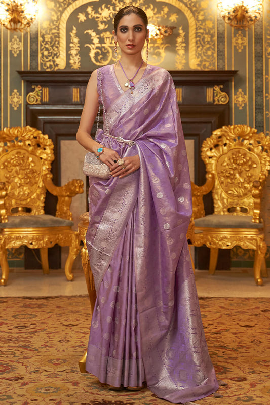 Beautiful Lavender Soft Banarasi Silk Saree With Blooming Blouse Piece