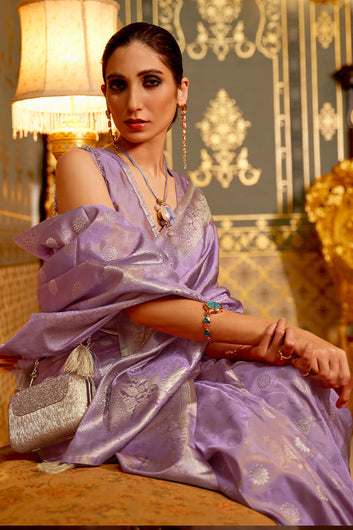 Beautiful Lavender Soft Banarasi Silk Saree With Blooming Blouse Piece