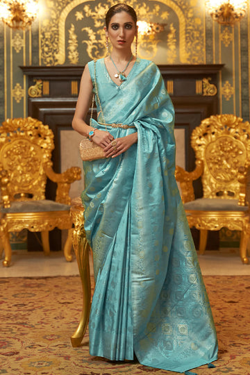 Stunner Firozi Soft Banarasi Silk Saree With Exquisite Blouse Piece