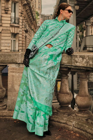 Flattering Sea Green Lucknowi Silk Saree and Attractive Blouse Piece