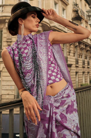 Fancifull Purple Lucknowi Silk Saree and Stunner Blouse Piece