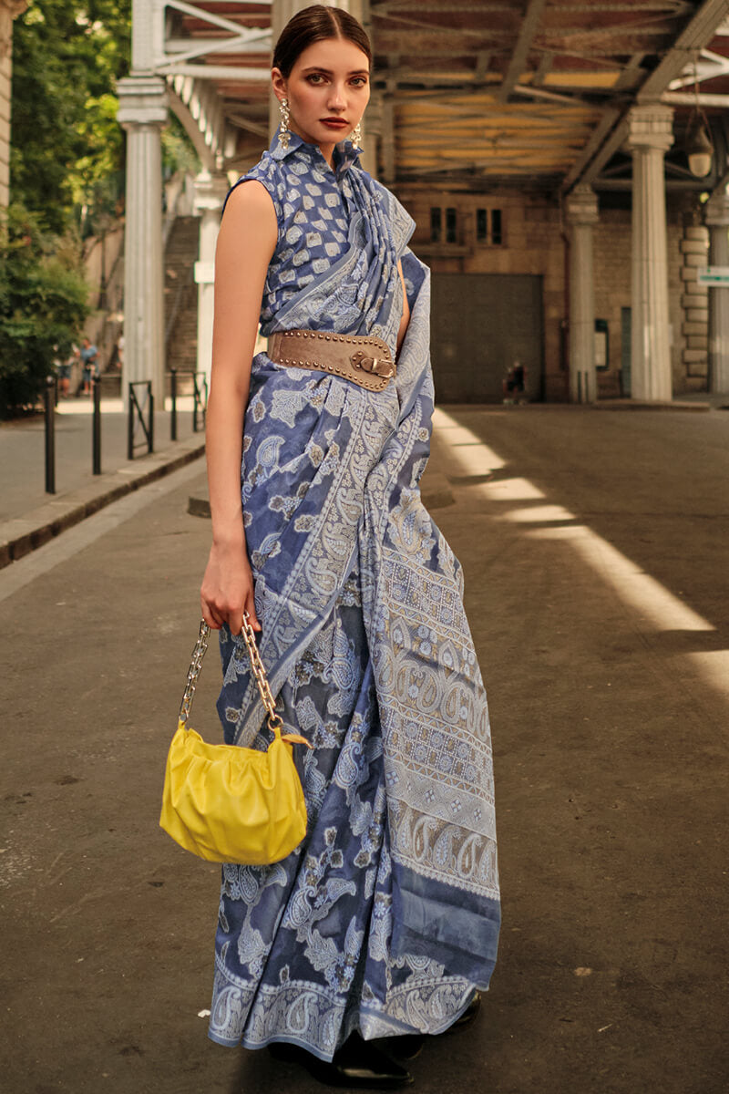 Chatoyant Navy Blue Lucknowi Silk Saree and Desultory Blouse Piece
