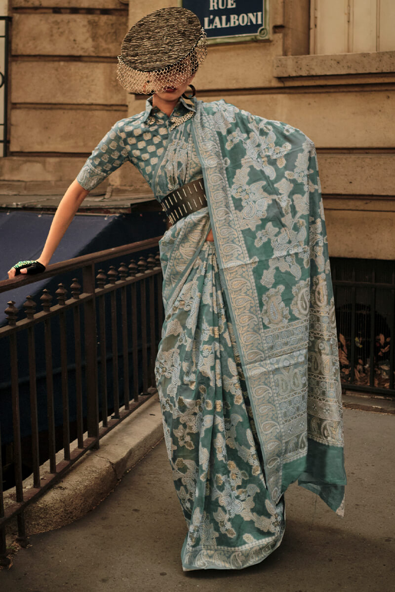 Embrocation Green Lucknowi Silk Saree and Epiphany Blouse Piece