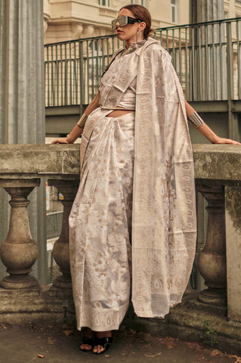 Fugacious Beige Lucknowi Silk Saree and Evanescent Blouse Piece