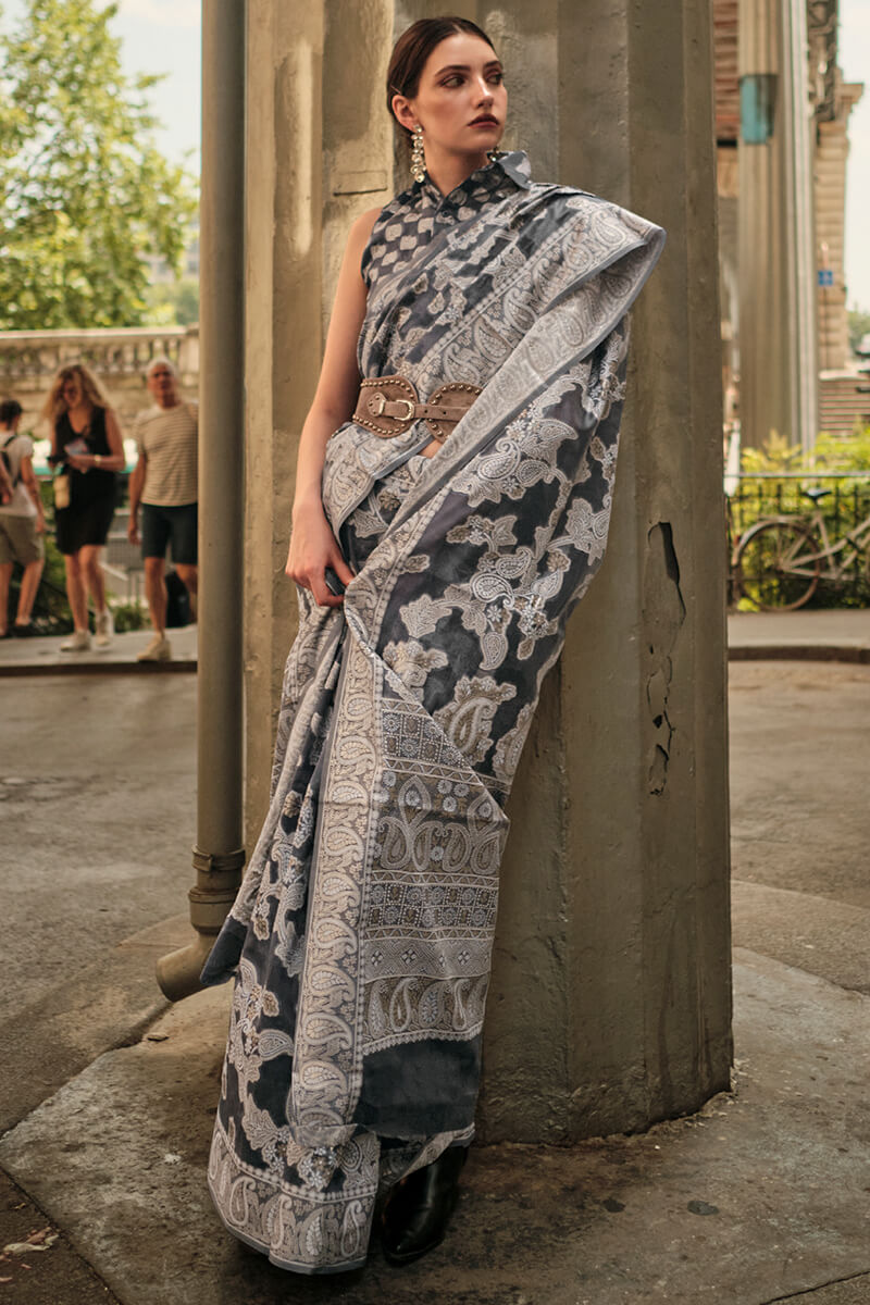 Ratatouille Black Lucknowi Silk Saree and Vestigial Blouse Piece