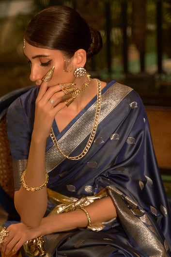 Fugacious Navy Blue Soft Banarasi Silk Saree With Desuetude Blouse Piece