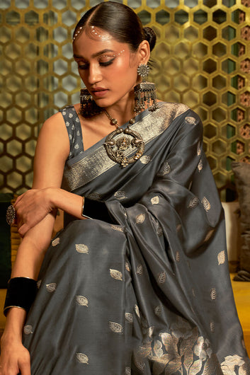 Twirling Grey Soft Banarasi Silk Saree With Delightful Blouse Piece
