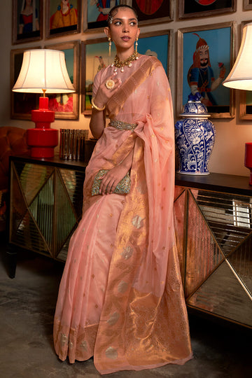 Lagniappe Peach Organza Silk Saree With Nemesis Blouse Piece