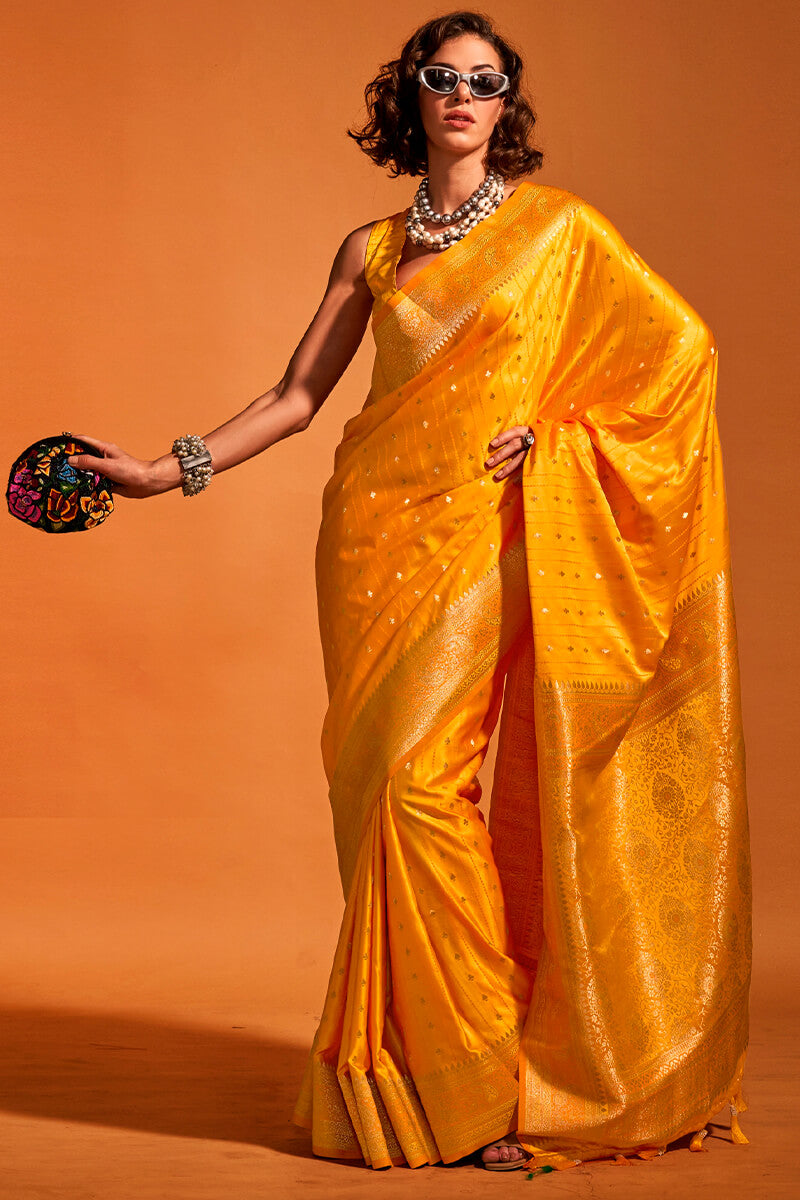 Excellent Yellow Soft Banarasi Silk Saree With Allure Blouse Piece