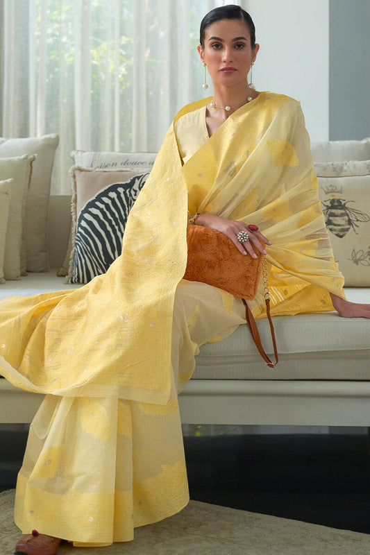 Exceptional Yellow Cotton Silk Saree With Flamboyant Blouse Piece