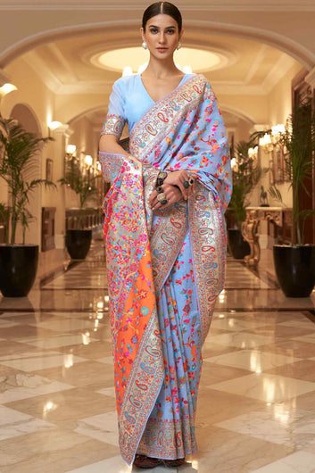 Exuberant Firozi Pashmina saree With Ratatouille Blouse Piece