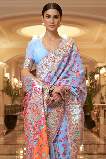 Exuberant Firozi Pashmina saree With Ratatouille Blouse Piece