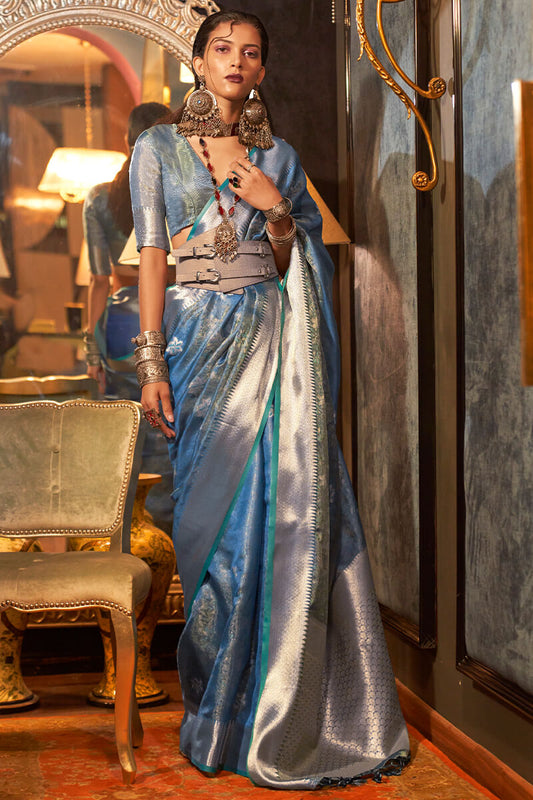 Preferable Blue Organza Silk Saree With Stunner Blouse Piece