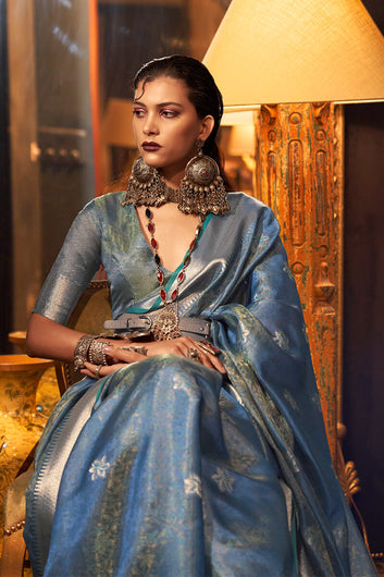 Preferable Blue Organza Silk Saree With Stunner Blouse Piece