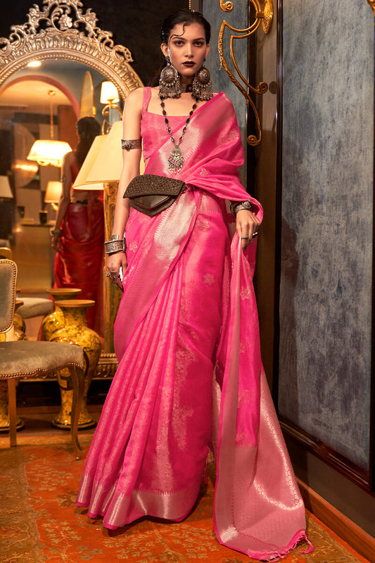 Opulent Dark Pink Organza Silk Saree With Assemblage Blouse Piece