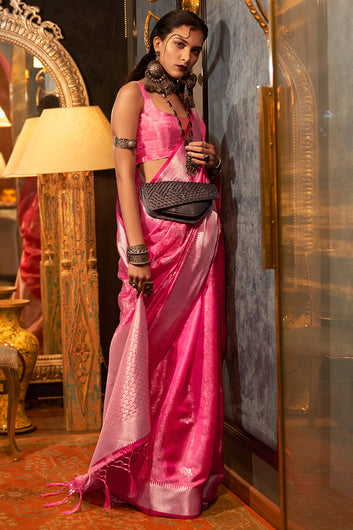 Opulent Dark Pink Organza Silk Saree With Assemblage Blouse Piece