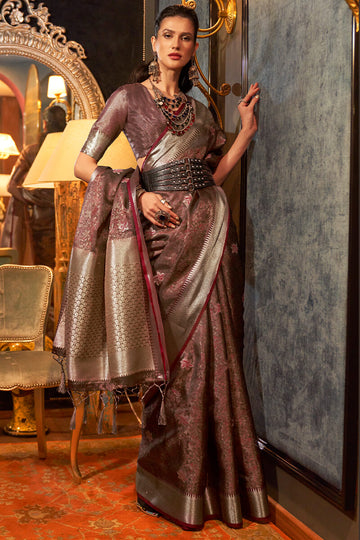 Evocative Brown Organza Silk Saree With Serendipity Blouse Piece
