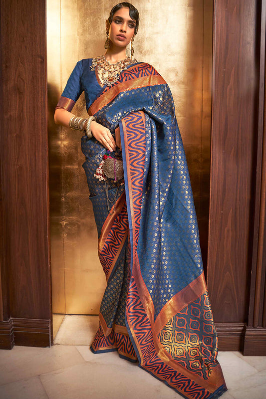 Flamboyant Blue Kanjivaram Silk Saree With Twirling Blouse Piece