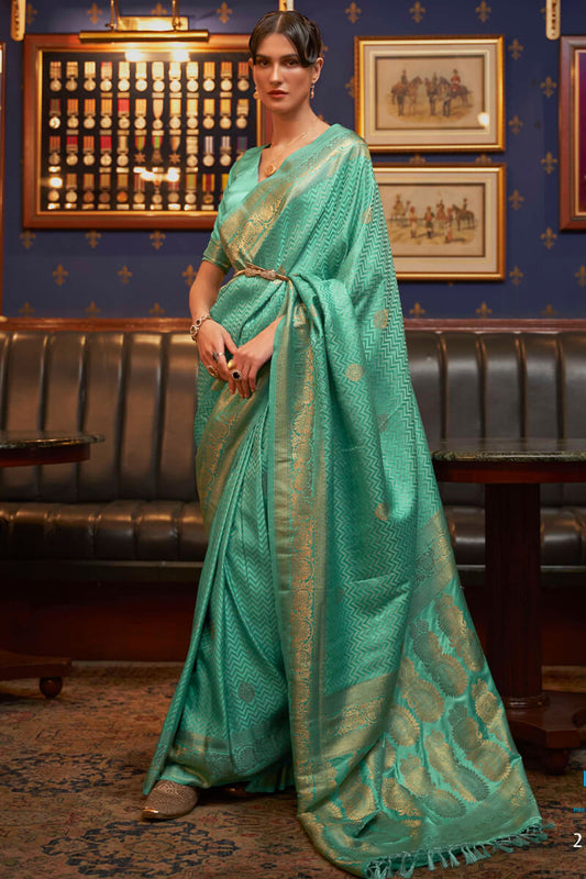 Amazing Sea Green Soft Banarasi Silk Saree With Pretty Blouse Piece