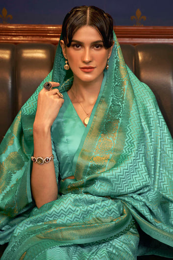 Amazing Sea Green Soft Banarasi Silk Saree With Pretty Blouse Piece