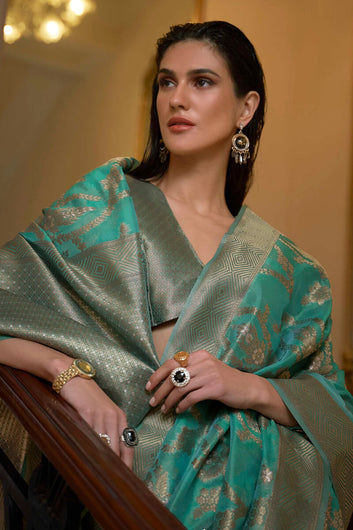 Majesty Sea Green Organza Silk Saree With Impressive Blouse Piece