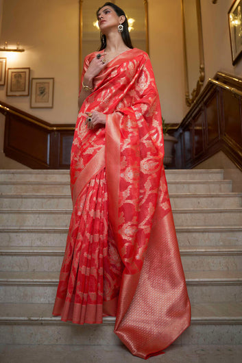 Blissful Red Organza Silk Saree With Classic Blouse Piece