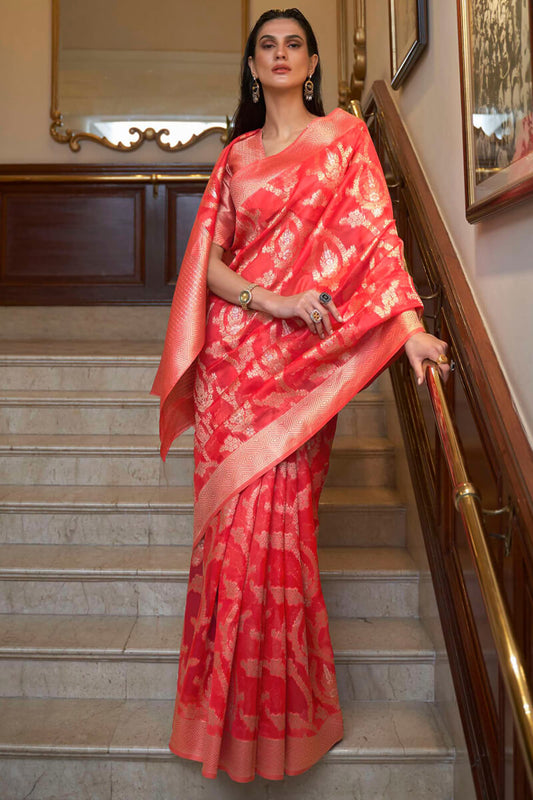 Blissful Red Organza Silk Saree With Classic Blouse Piece
