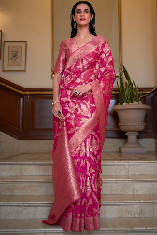 Fugacious Dark Pink Organza Silk Saree With Desuetude Blouse Piece