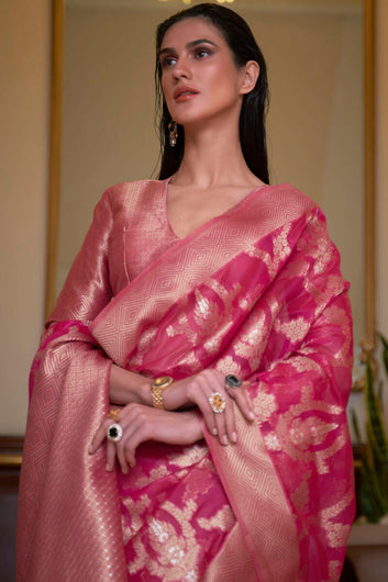 Fugacious Dark Pink Organza Silk Saree With Desuetude Blouse Piece