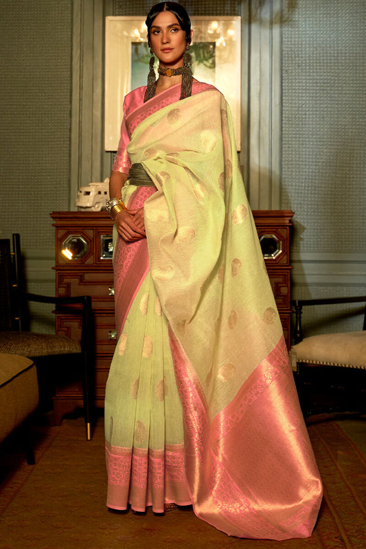 Dazzling Lemon Yellow Cotton Silk Saree With Adorning Blouse Piece