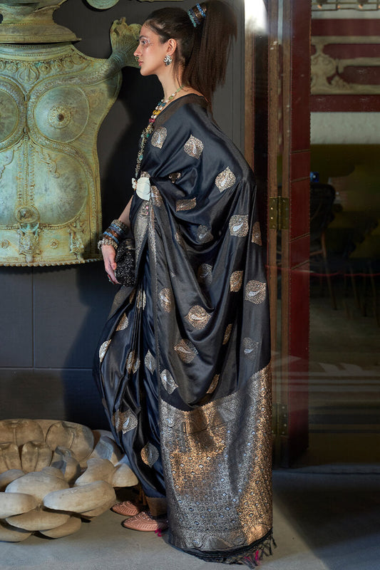 Demure Black Soft Banarasi Silk Saree With Comely Blouse Piece