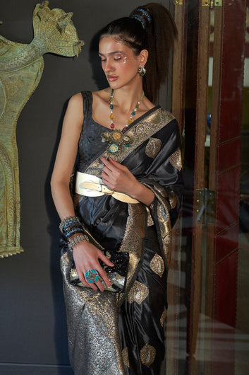 Demure Black Soft Banarasi Silk Saree With Comely Blouse Piece