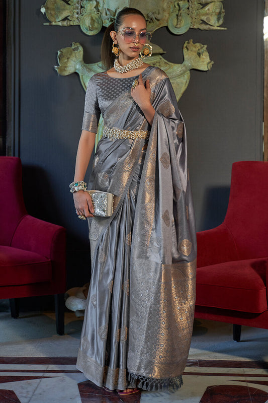 Inspiring Grey Soft Banarasi Silk Saree With Flamboyant Blouse Piece
