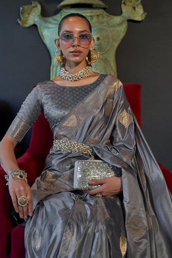Inspiring Grey Soft Banarasi Silk Saree With Flamboyant Blouse Piece